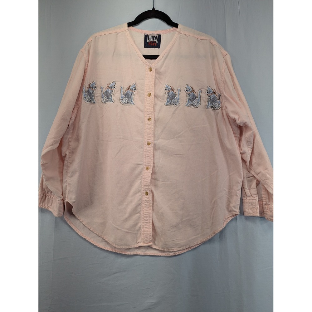 Quiz New York Plus Pink Striped Button‎ Up Shirt Embroidered Cats Size XL